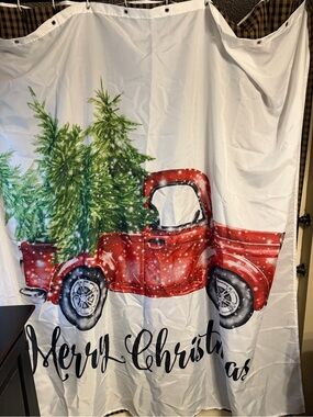 Red Vintage Truck Christmas Shower Curtain with Trees
